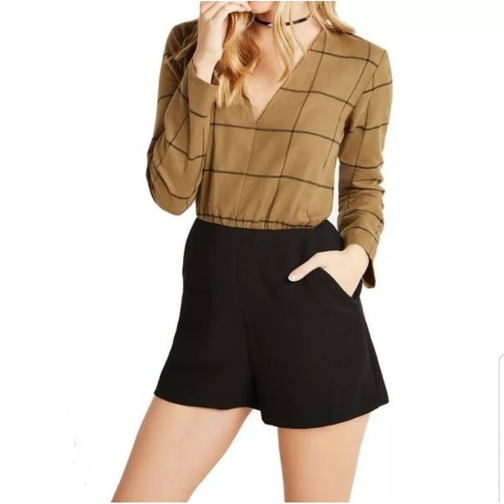 Olive green Checkered Long Sleeve Top with Black Shorts